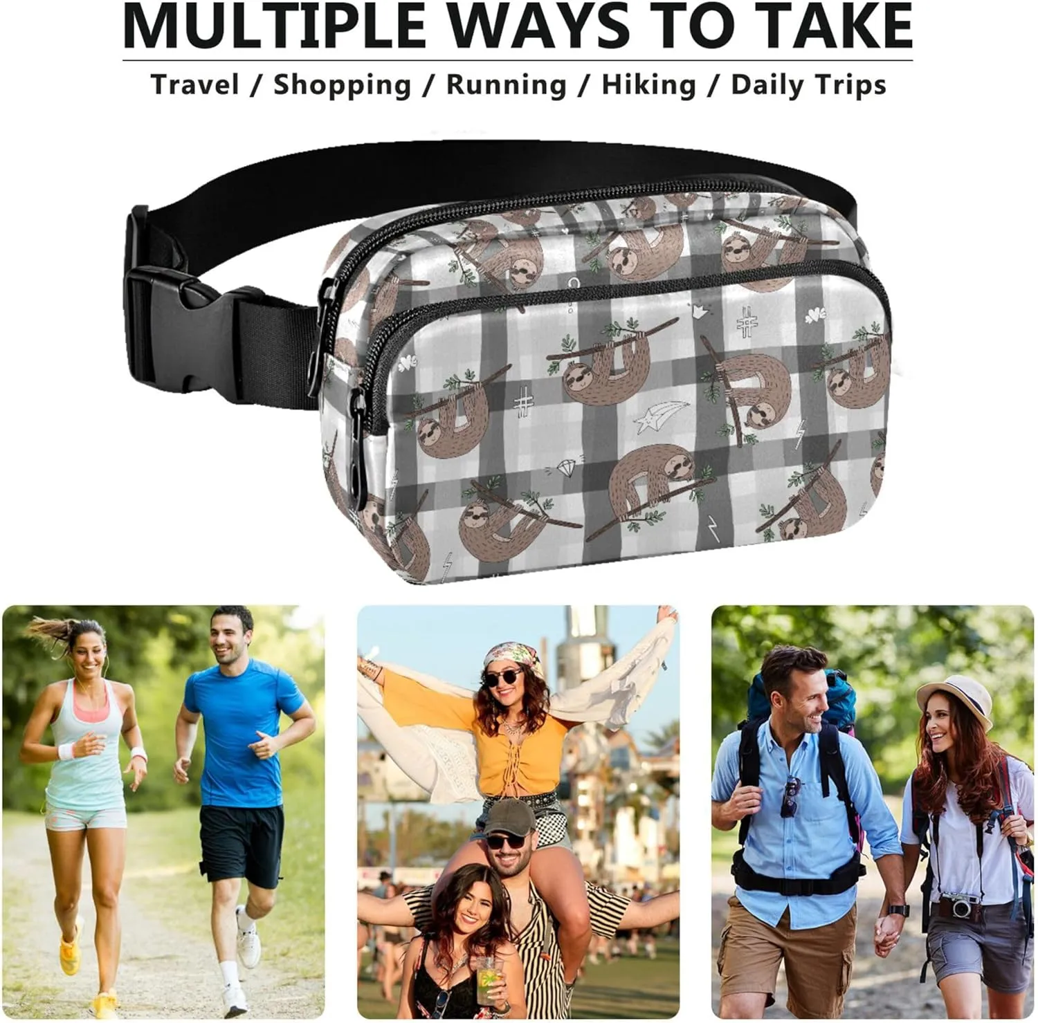 Personalized Gray Plaid Brown Sloth Womens Fanny Pack Funny Hip Pouch Belt Bag Waterproof Travel Waist Bag