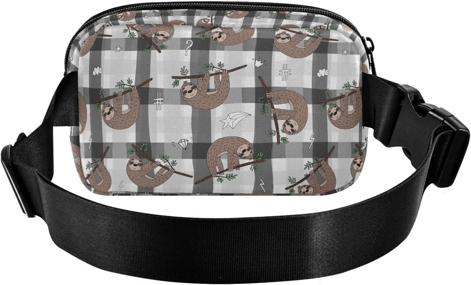 Personalized Gray Plaid Brown Sloth Womens Fanny Pack Funny Hip Pouch Belt Bag Waterproof Travel Waist Bag