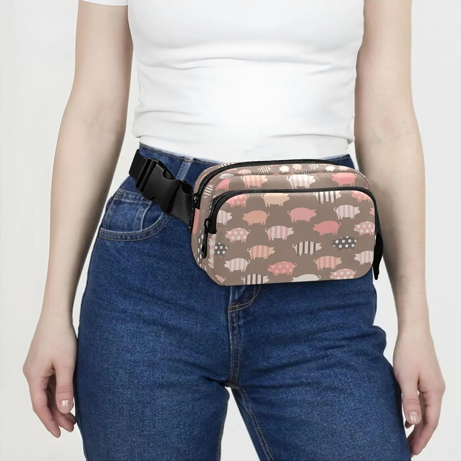 Pig Print Design Fanny Pack for Women Waterproof Anti Theft Belt Bag Bright Color Travel Waist Pouch
