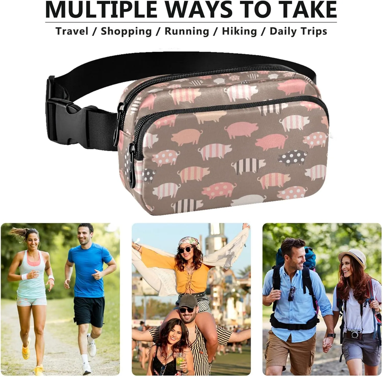 Pig Print Design Fanny Pack for Women Waterproof Anti Theft Belt Bag Bright Color Travel Waist Pouch
