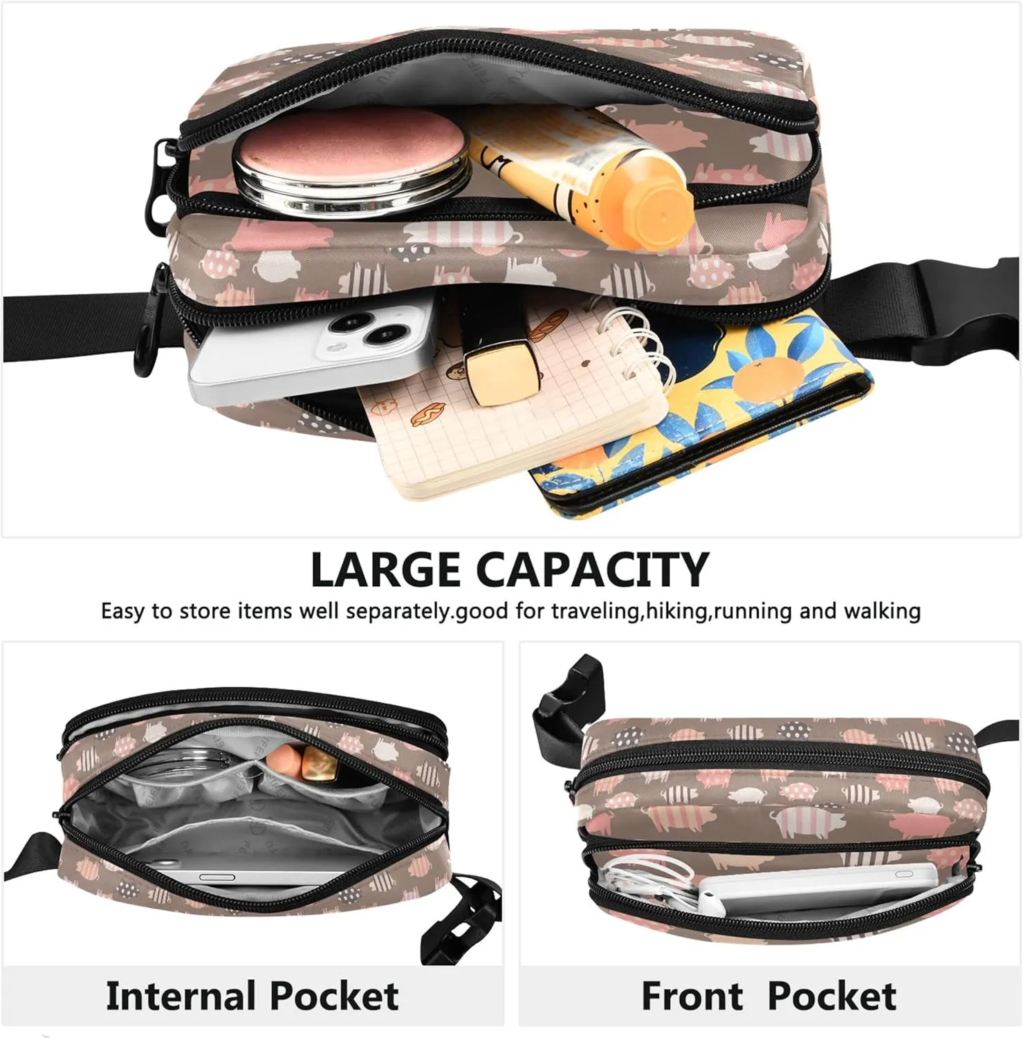 Pig Print Design Fanny Pack for Women Waterproof Anti Theft Belt Bag Bright Color Travel Waist Pouch