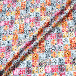 Pink, Grey & Orange Tile Printed Superfine Cotton