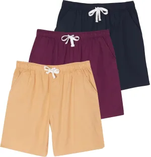 Real Essentials 3 Pack: Men's Cotton 7" Walk Short with Back Pocket & Drawstring - Casual Wear