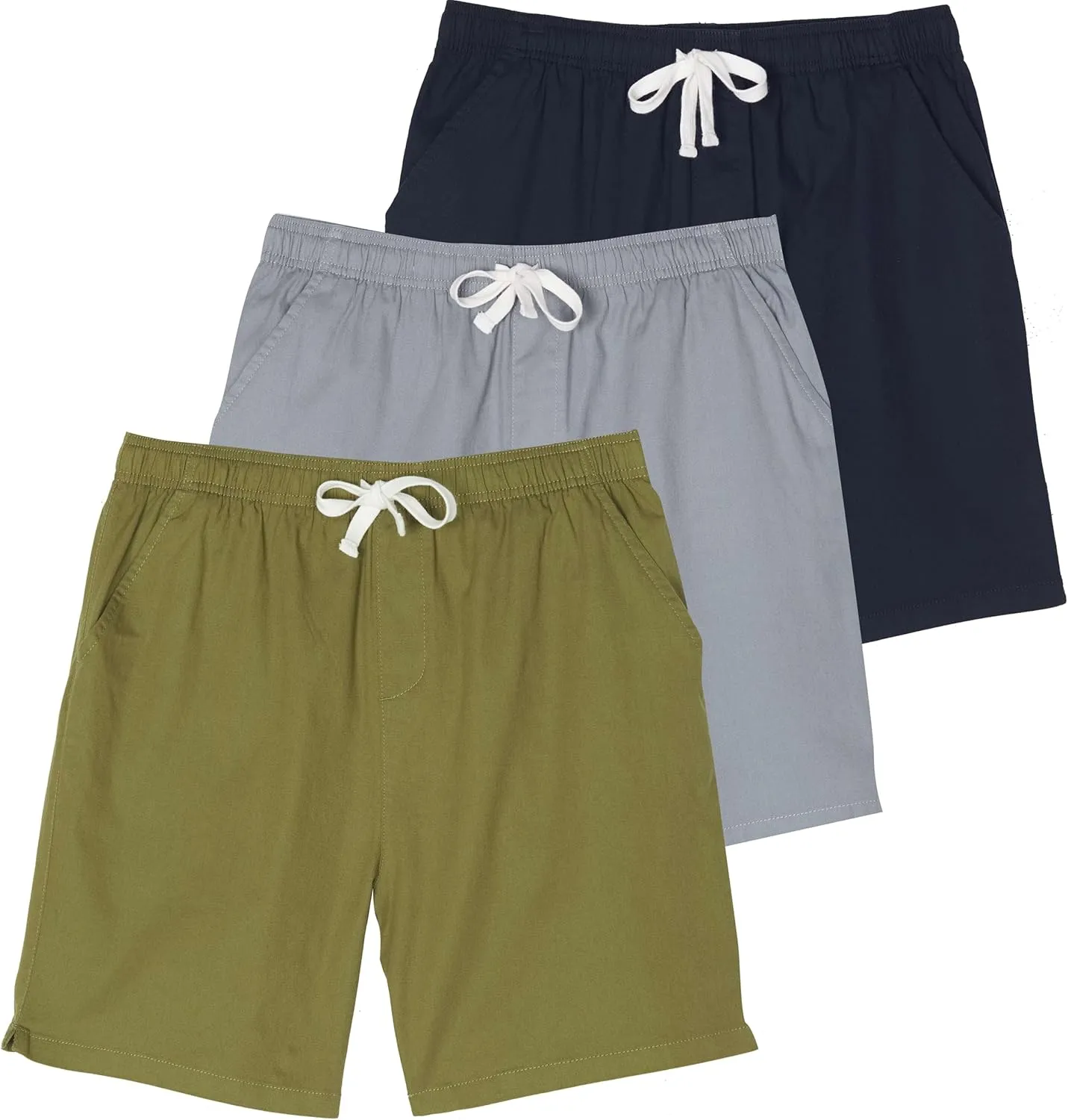 Real Essentials 3 Pack: Men's Cotton 7" Walk Short with Back Pocket & Drawstring - Casual Wear