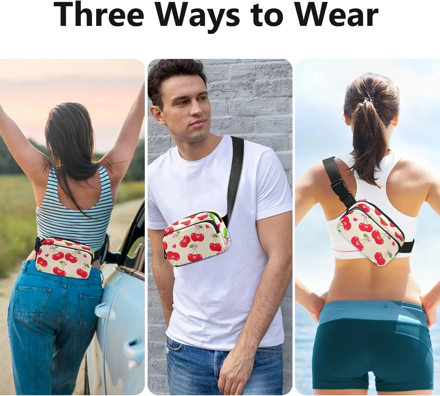 Red Cherries Beige Womens Fanny Pack Bright Colored Hip Pack Belt Pouch Waterproof Travel Waist Bag
