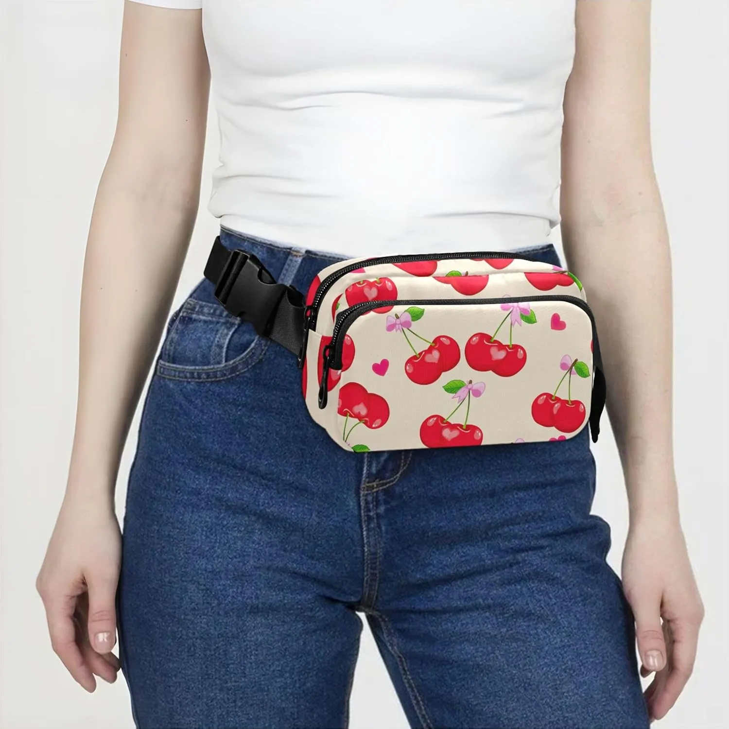 Red Cherries Beige Womens Fanny Pack Bright Colored Hip Pack Belt Pouch Waterproof Travel Waist Bag