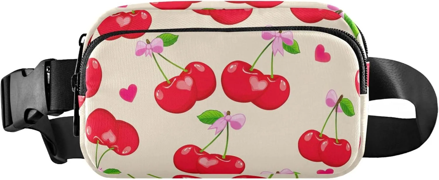 Red Cherries Beige Womens Fanny Pack Bright Colored Hip Pack Belt Pouch Waterproof Travel Waist Bag