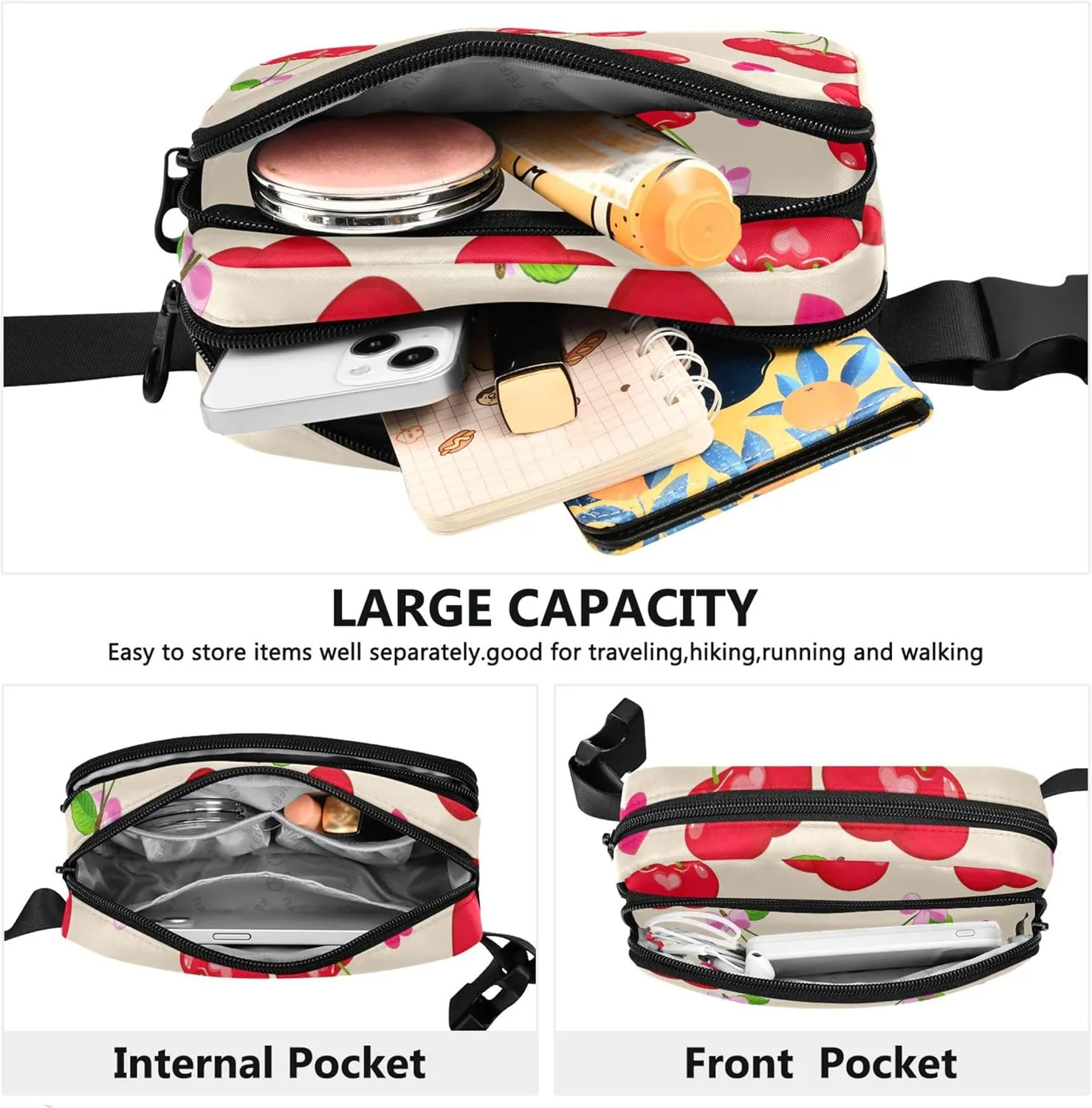 Red Cherries Beige Womens Fanny Pack Bright Colored Hip Pack Belt Pouch Waterproof Travel Waist Bag