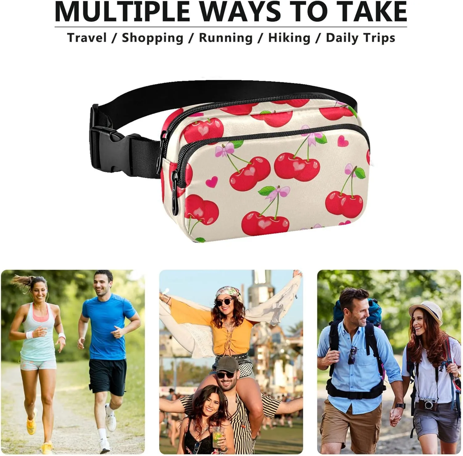 Red Cherries Beige Womens Fanny Pack Bright Colored Hip Pack Belt Pouch Waterproof Travel Waist Bag