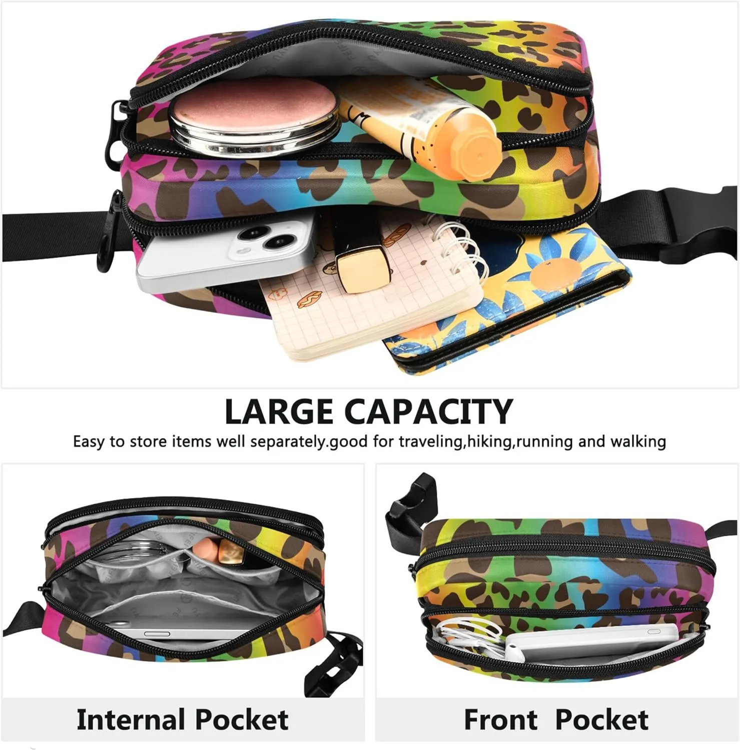 Retro Rainbow Leopard Women Fanny Packs Waterproof Hip Pack Belt Bag Cute Waist Pack for Women