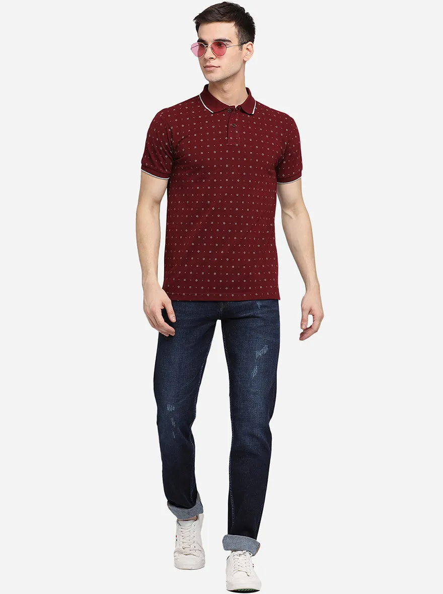 Rumba Red Printed Slim Fit Polo T-Shirt | Greenfibre