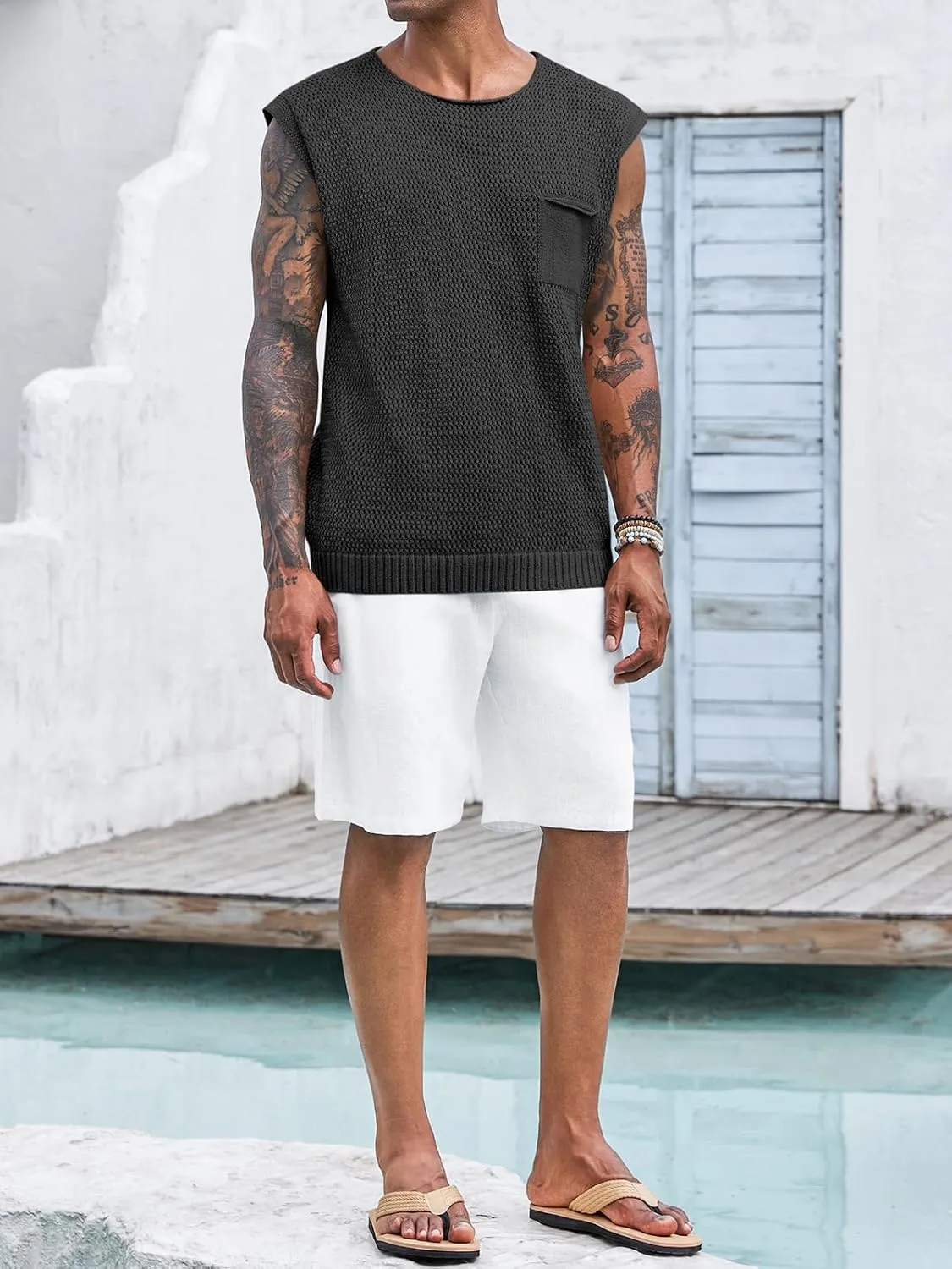 Runcati Mens Knitted Tank Tops Casual Crochet Cap Sleeve T-Shirts Summer Beach Hippie Sweater Vest