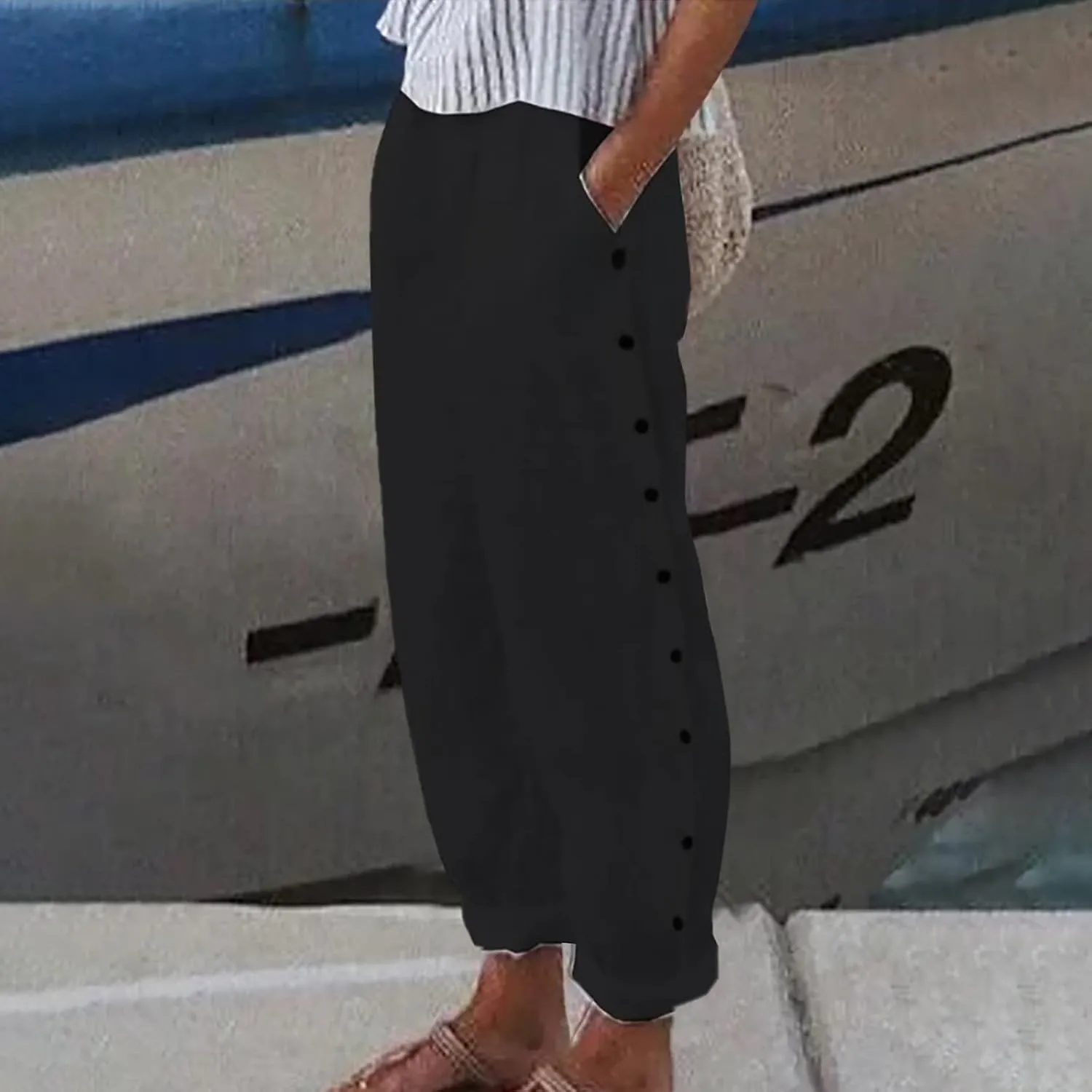 Side Button Pants Womens Striped Straight Leg Casual Pants Elastic Waist Baggy 2025 Trendy Trousers with Pockets