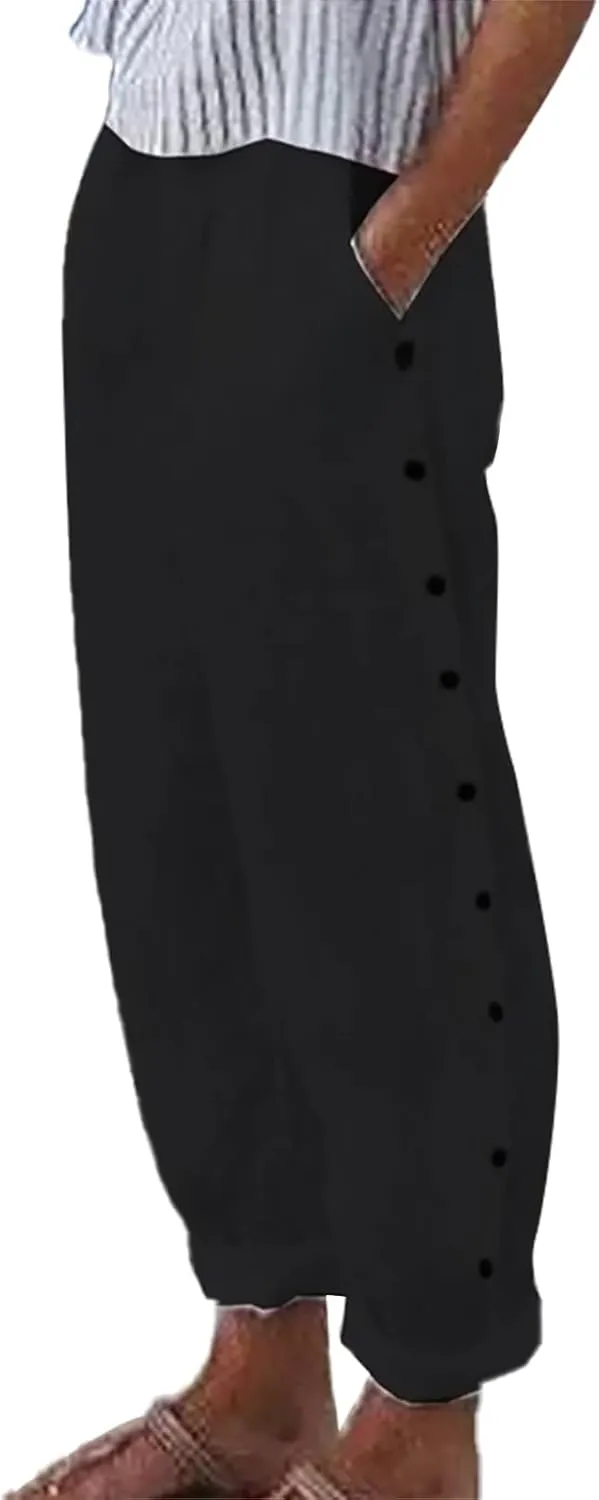 Side Button Pants Womens Striped Straight Leg Casual Pants Elastic Waist Baggy 2025 Trendy Trousers with Pockets