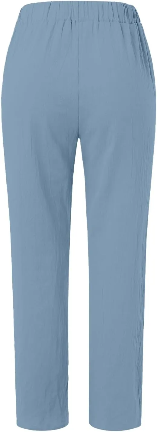 Side Button Pants Womens Striped Straight Leg Casual Pants Elastic Waist Baggy 2025 Trendy Trousers with Pockets