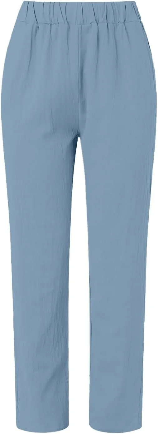 Side Button Pants Womens Striped Straight Leg Casual Pants Elastic Waist Baggy 2025 Trendy Trousers with Pockets