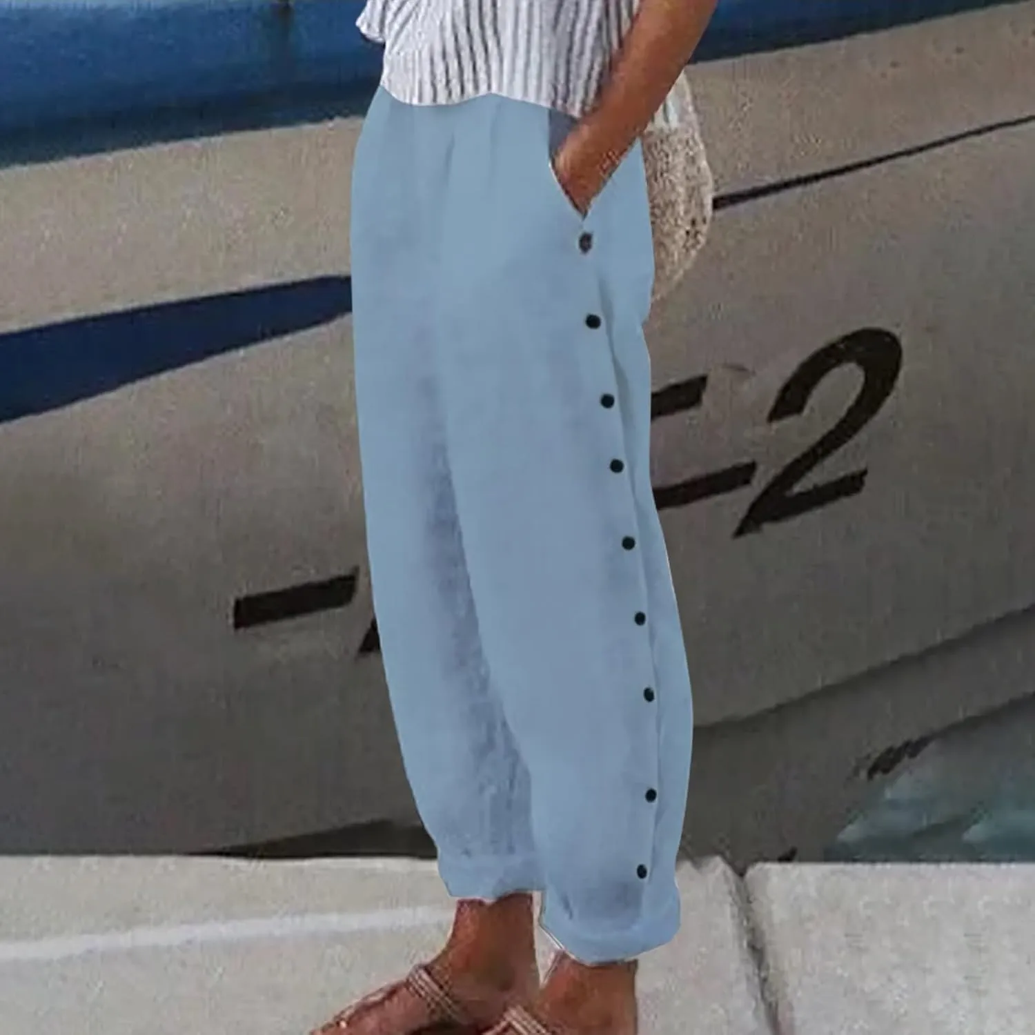Side Button Pants Womens Striped Straight Leg Casual Pants Elastic Waist Baggy 2025 Trendy Trousers with Pockets