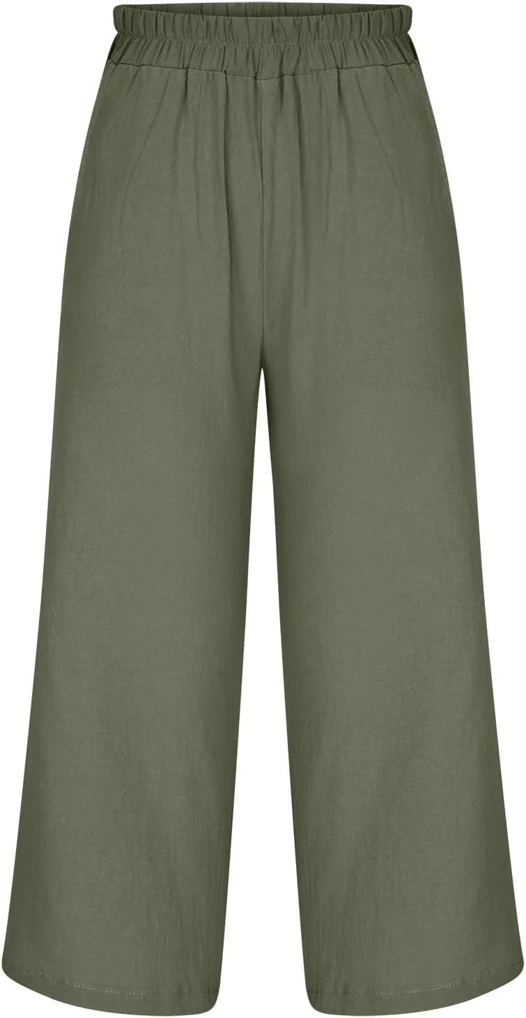 SMIDOW Womens Linen Pants Loose Casual Wide Leg Cropped Pant Elastic High Waist Solid Baggy Trousers with Pockets