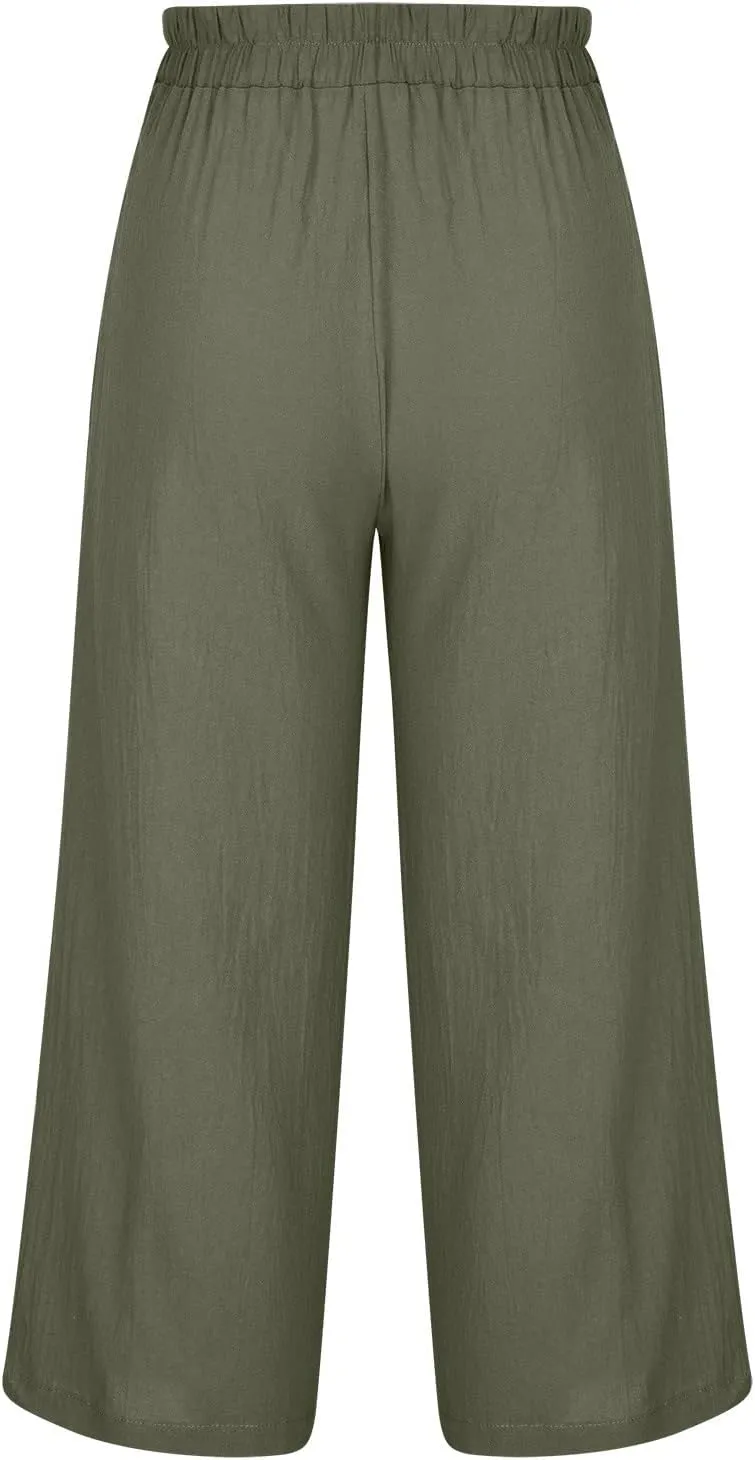 SMIDOW Womens Linen Pants Loose Casual Wide Leg Cropped Pant Elastic High Waist Solid Baggy Trousers with Pockets