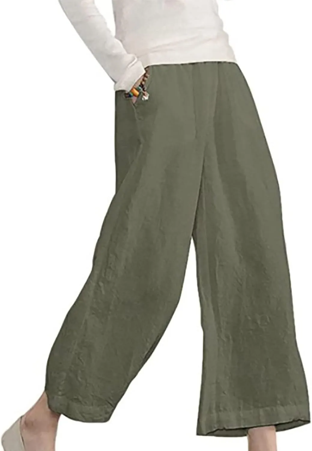 SMIDOW Womens Linen Pants Loose Casual Wide Leg Cropped Pant Elastic High Waist Solid Baggy Trousers with Pockets