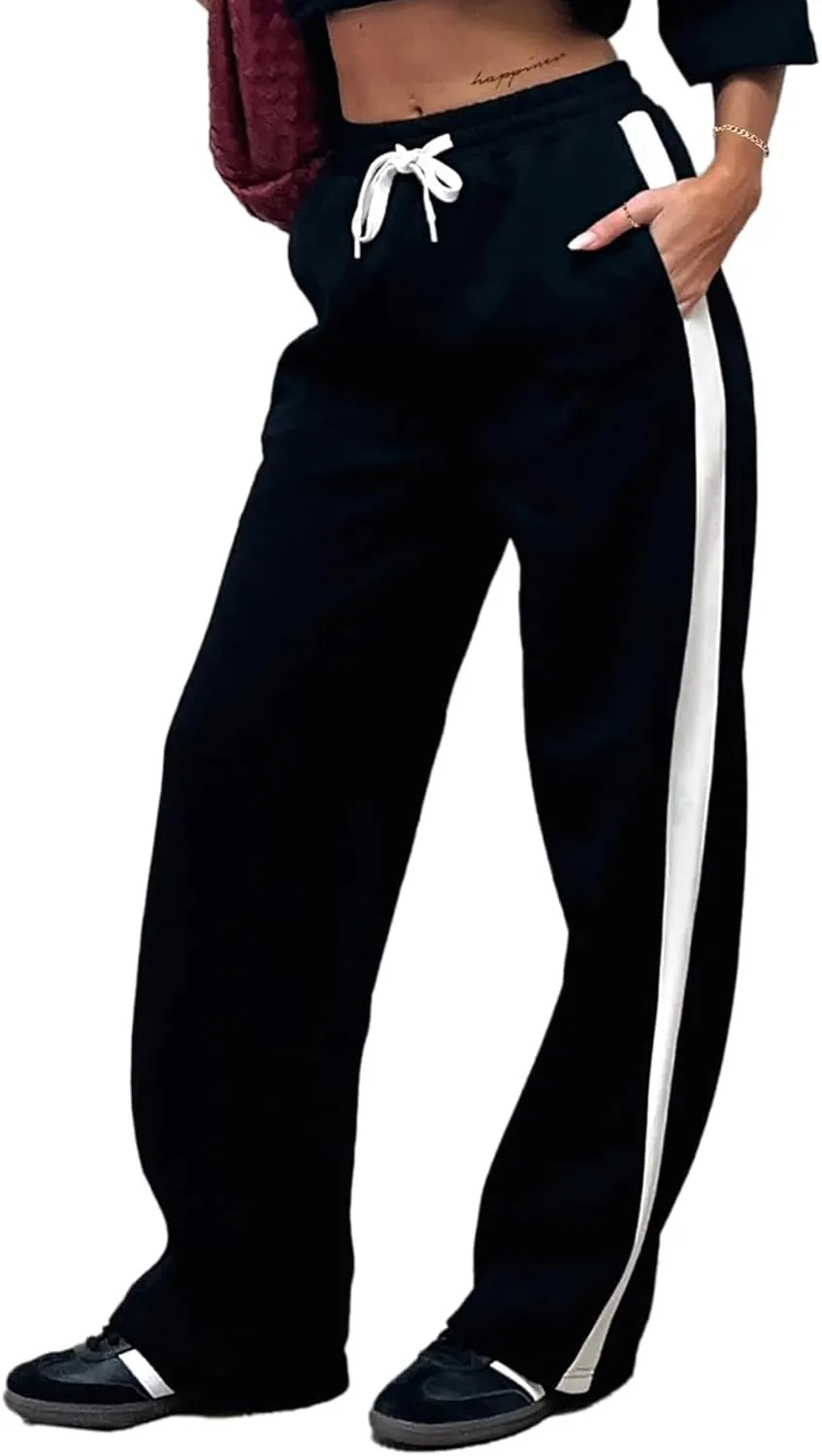 SOFIA'S CHOICE Women's Drawstring Sweatpants Side Stripe Pants Wide Leg Track Pants with Pockets