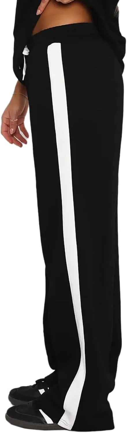 SOFIA'S CHOICE Women's Drawstring Sweatpants Side Stripe Pants Wide Leg Track Pants with Pockets