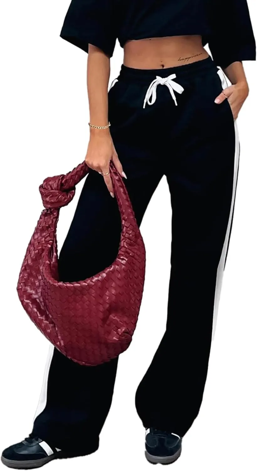 SOFIA'S CHOICE Women's Drawstring Sweatpants Side Stripe Pants Wide Leg Track Pants with Pockets