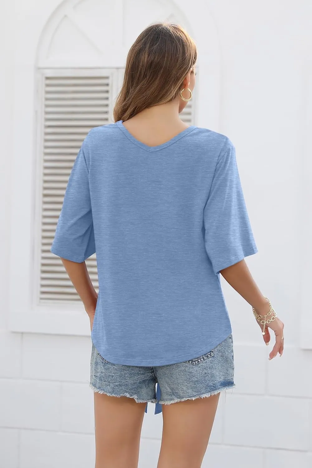 SUEANI Women's Tie Front Tops Summer V Neck 3/4 Bell Sleeve Twist Knot T Shirts