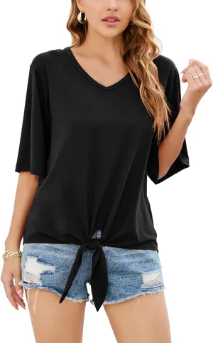 SUEANI Women's Tie Front Tops Summer V Neck 3/4 Bell Sleeve Twist Knot T Shirts
