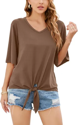 SUEANI Women's Tie Front Tops Summer V Neck 3/4 Bell Sleeve Twist Knot T Shirts