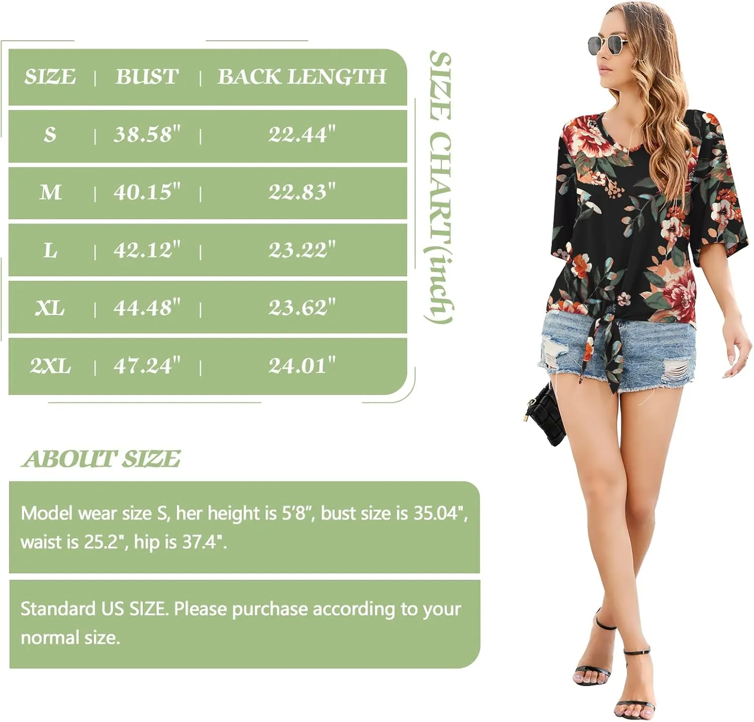 SUEANI Women's Tie Front Tops Summer V Neck 3/4 Bell Sleeve Twist Knot T Shirts