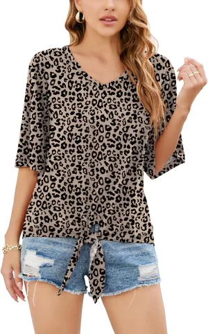 SUEANI Women's Tie Front Tops Summer V Neck 3/4 Bell Sleeve Twist Knot T Shirts