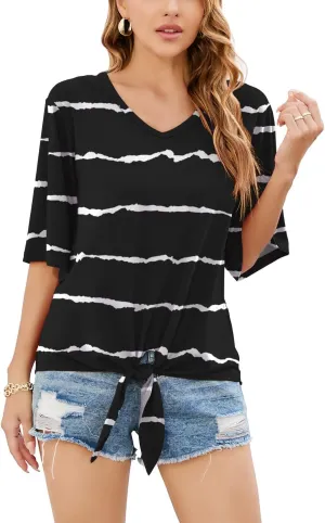 SUEANI Women's Tie Front Tops Summer V Neck 3/4 Bell Sleeve Twist Knot T Shirts