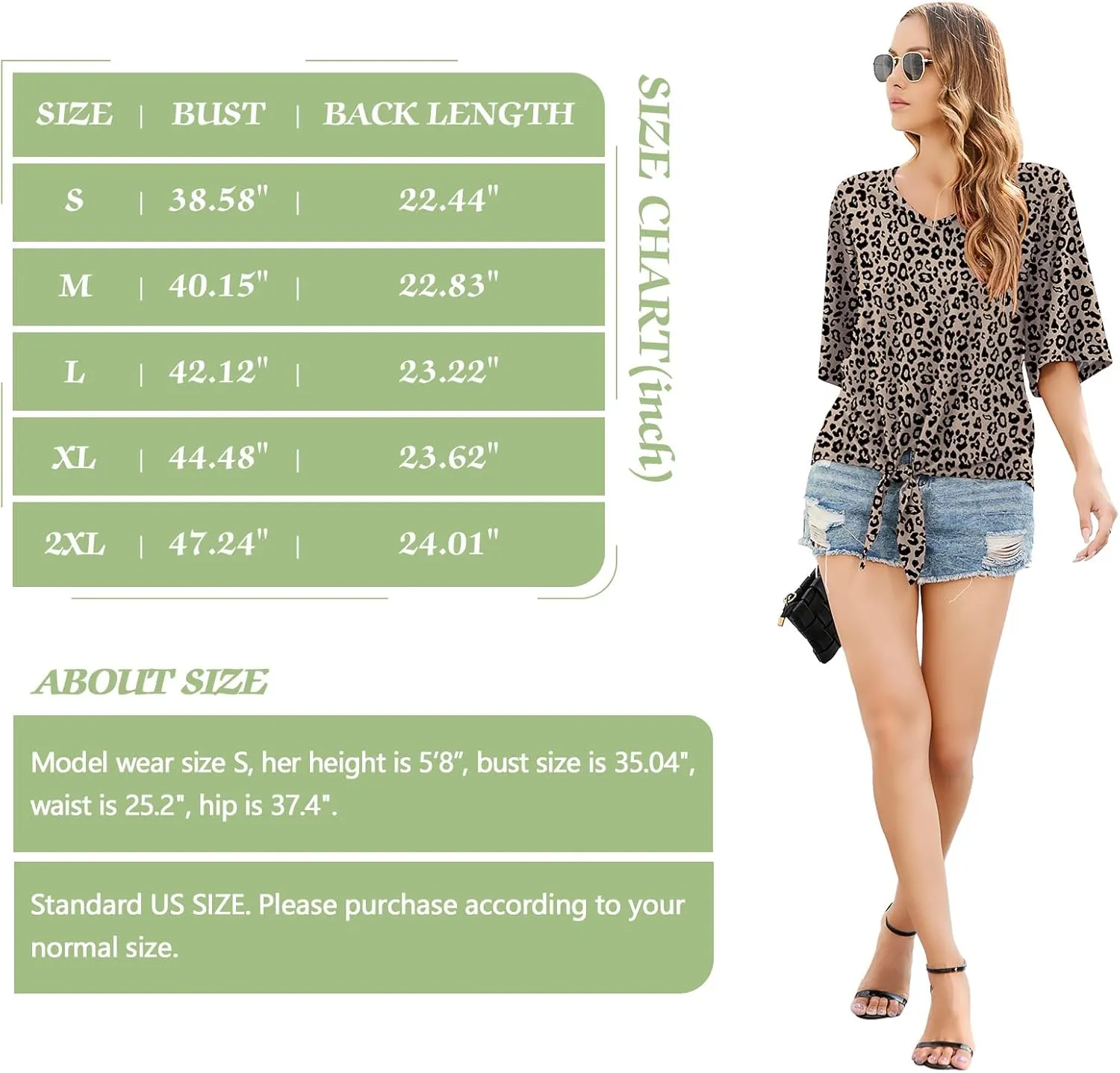 SUEANI Women's Tie Front Tops Summer V Neck 3/4 Bell Sleeve Twist Knot T Shirts