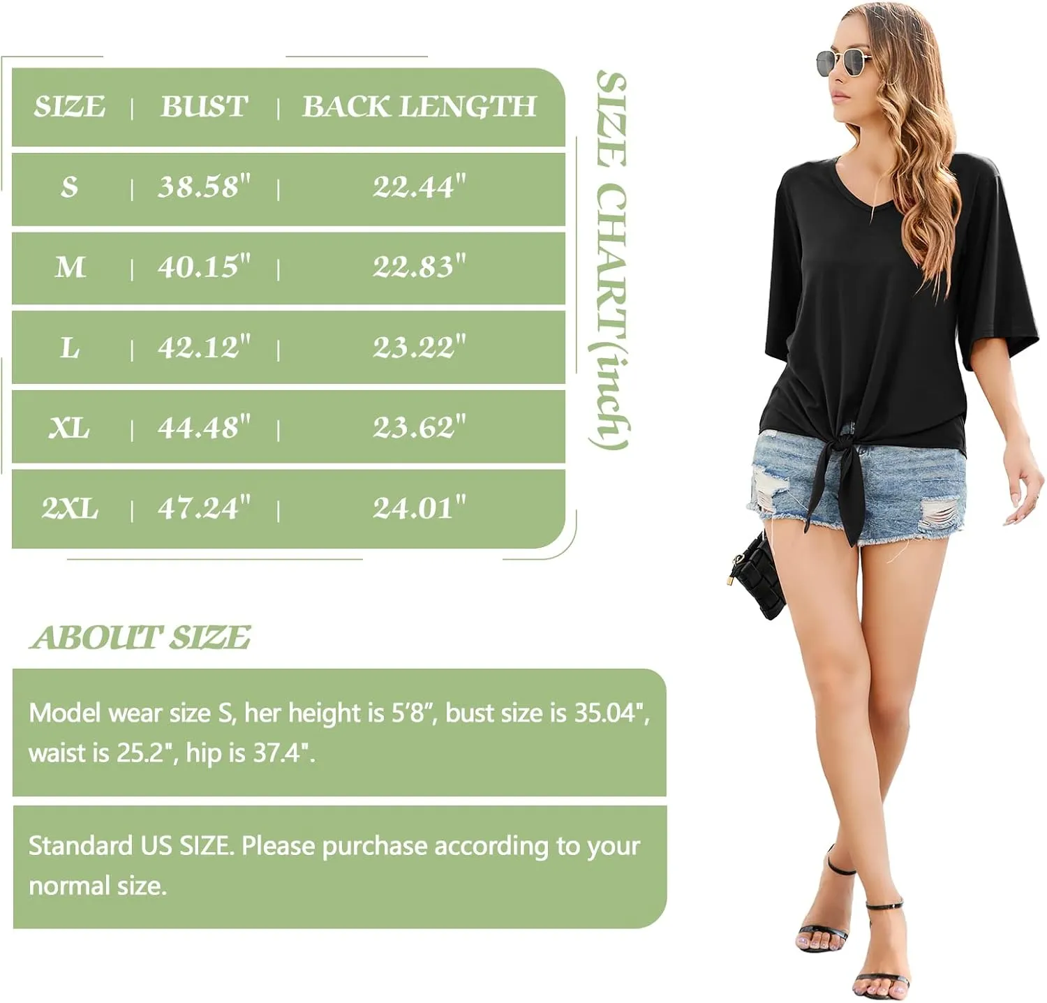 SUEANI Women's Tie Front Tops Summer V Neck 3/4 Bell Sleeve Twist Knot T Shirts
