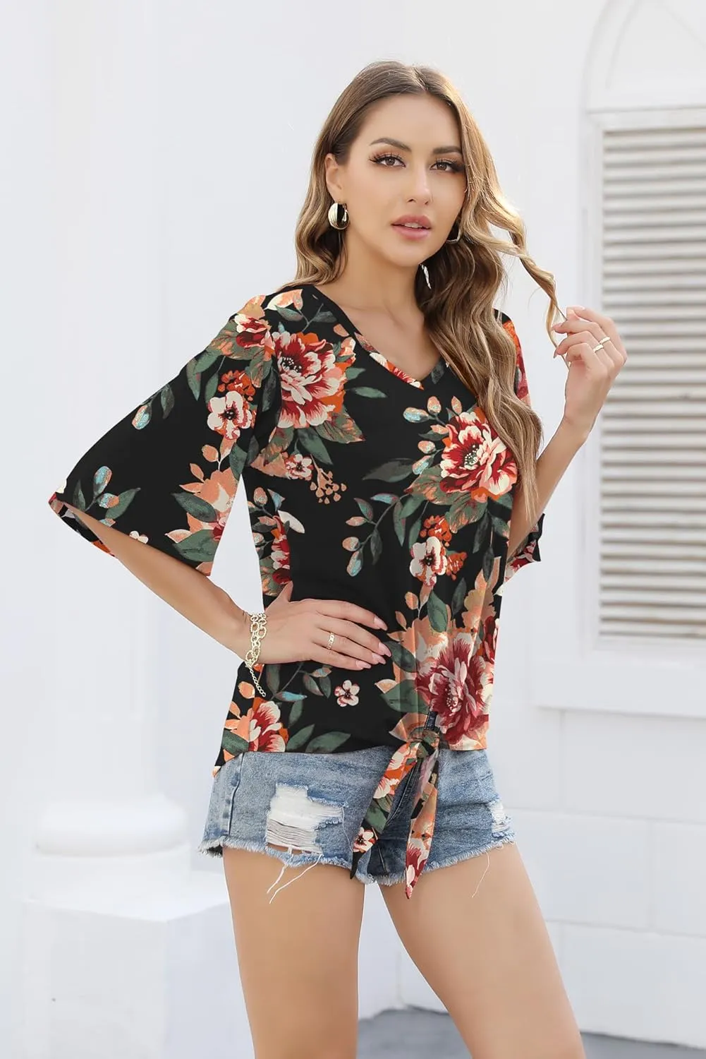 SUEANI Women's Tie Front Tops Summer V Neck 3/4 Bell Sleeve Twist Knot T Shirts