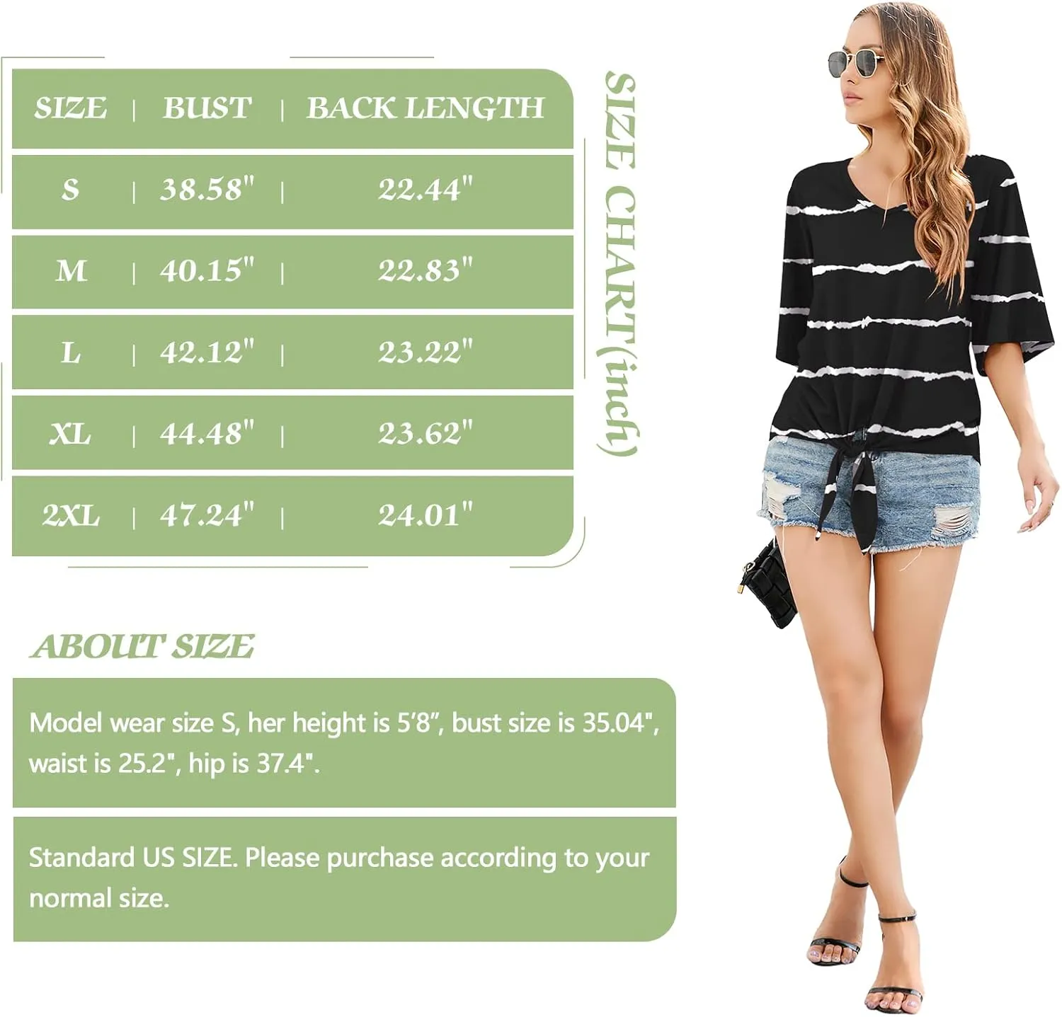 SUEANI Women's Tie Front Tops Summer V Neck 3/4 Bell Sleeve Twist Knot T Shirts