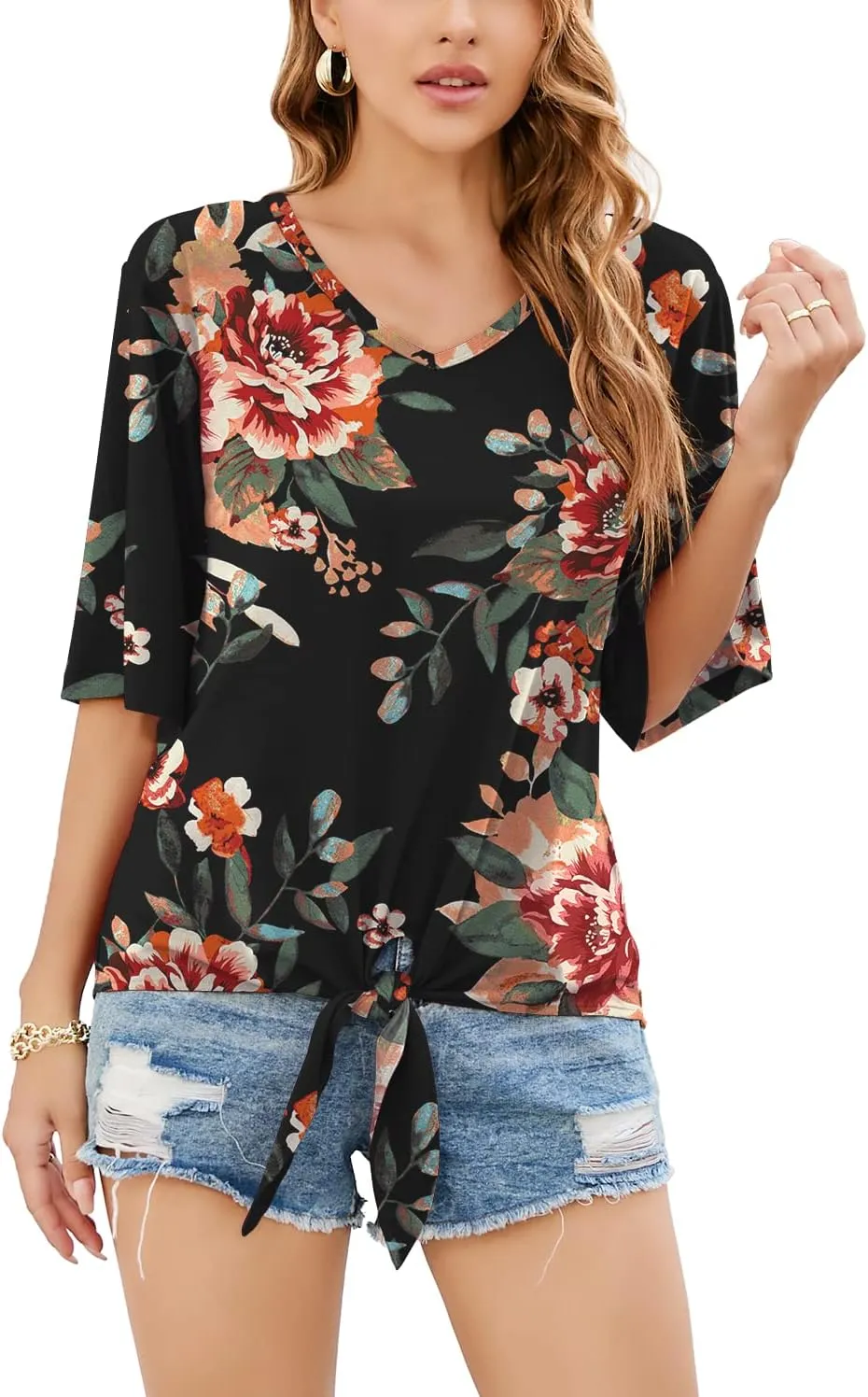 SUEANI Women's Tie Front Tops Summer V Neck 3/4 Bell Sleeve Twist Knot T Shirts