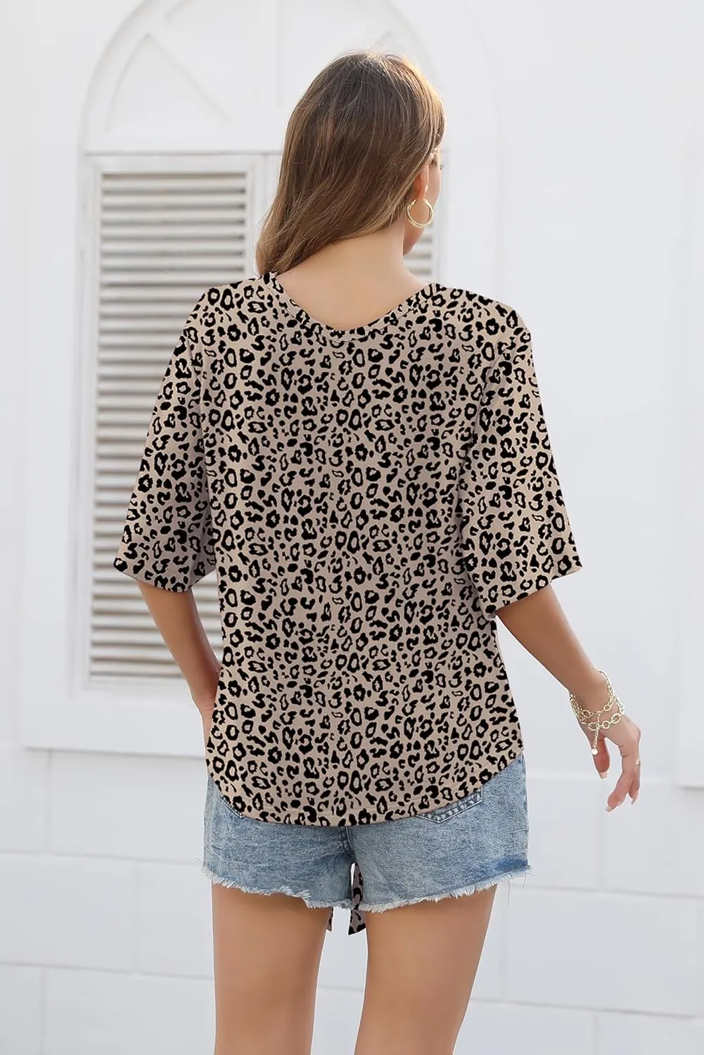 SUEANI Women's Tie Front Tops Summer V Neck 3/4 Bell Sleeve Twist Knot T Shirts