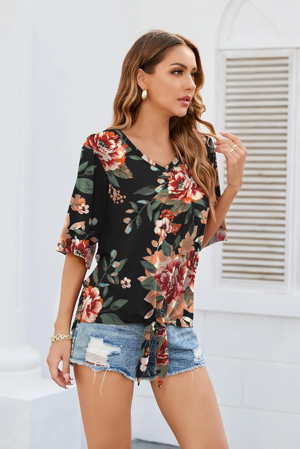 SUEANI Women's Tie Front Tops Summer V Neck 3/4 Bell Sleeve Twist Knot T Shirts