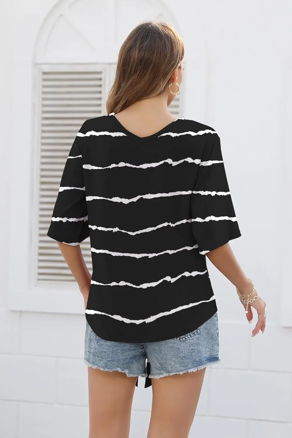SUEANI Women's Tie Front Tops Summer V Neck 3/4 Bell Sleeve Twist Knot T Shirts