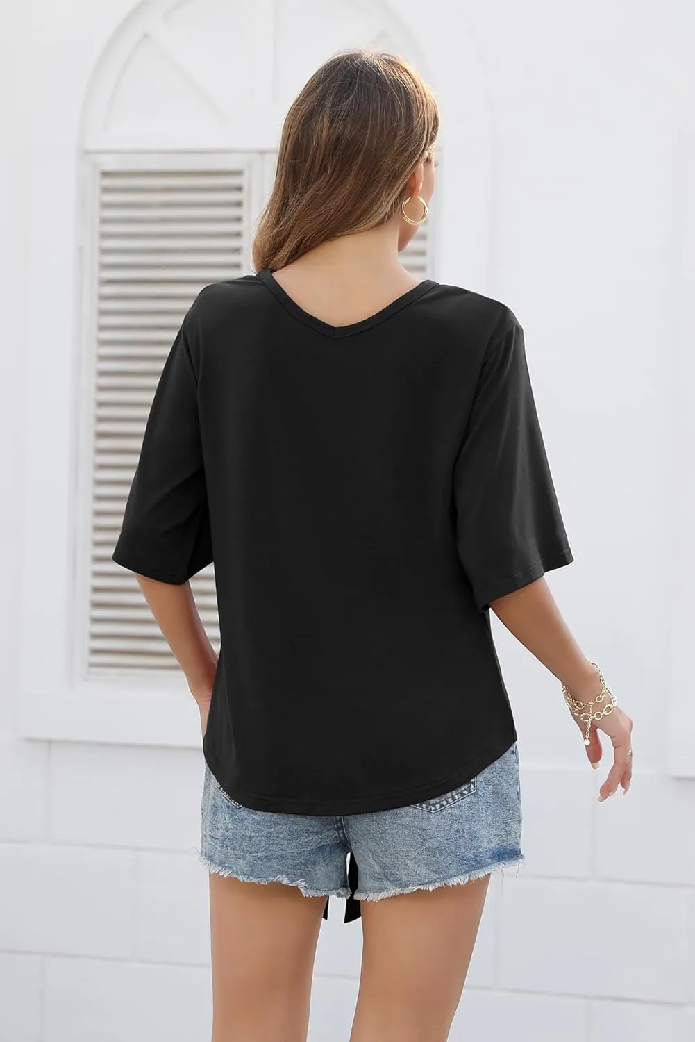 SUEANI Women's Tie Front Tops Summer V Neck 3/4 Bell Sleeve Twist Knot T Shirts