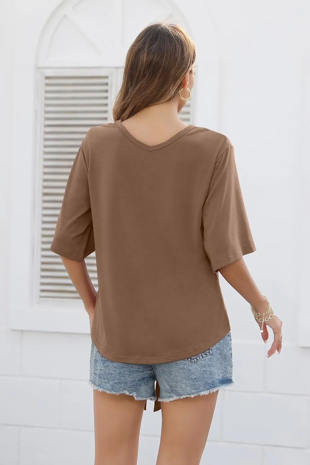 SUEANI Women's Tie Front Tops Summer V Neck 3/4 Bell Sleeve Twist Knot T Shirts