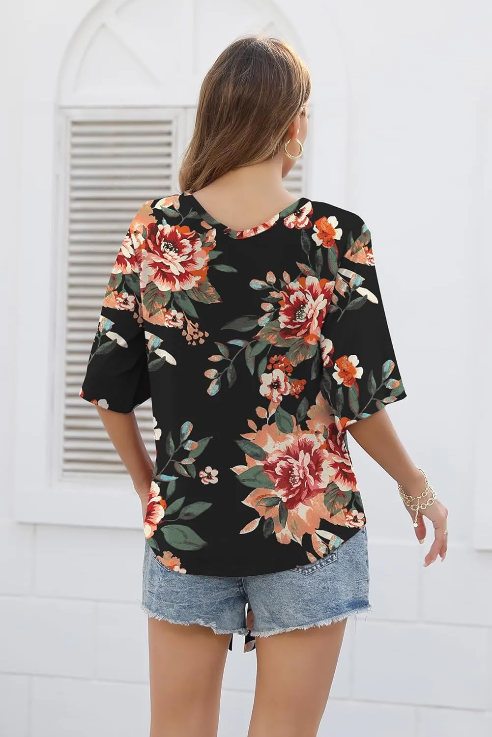 SUEANI Women's Tie Front Tops Summer V Neck 3/4 Bell Sleeve Twist Knot T Shirts