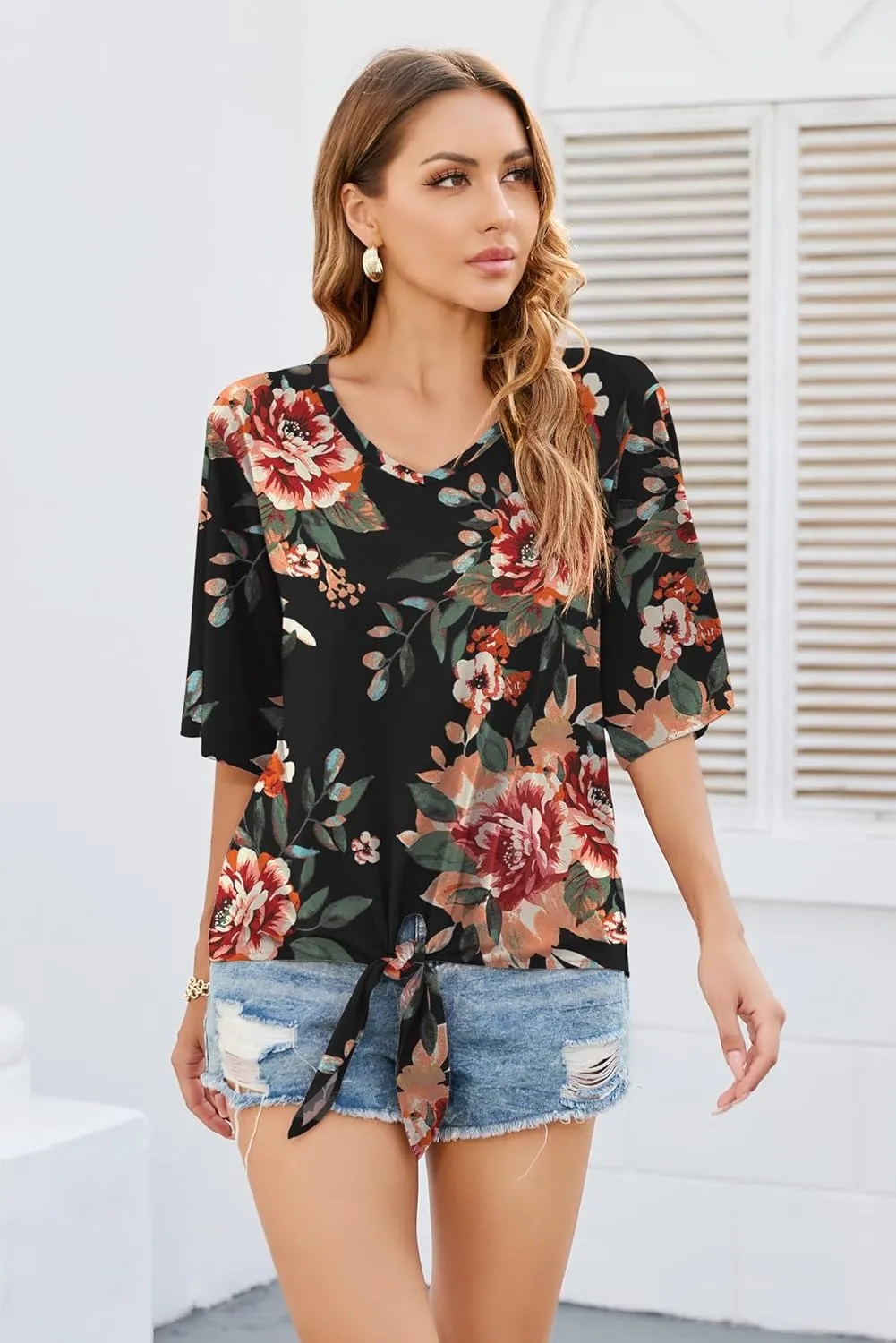 SUEANI Women's Tie Front Tops Summer V Neck 3/4 Bell Sleeve Twist Knot T Shirts
