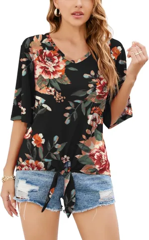 SUEANI Women's Tie Front Tops Summer V Neck 3/4 Bell Sleeve Twist Knot T Shirts
