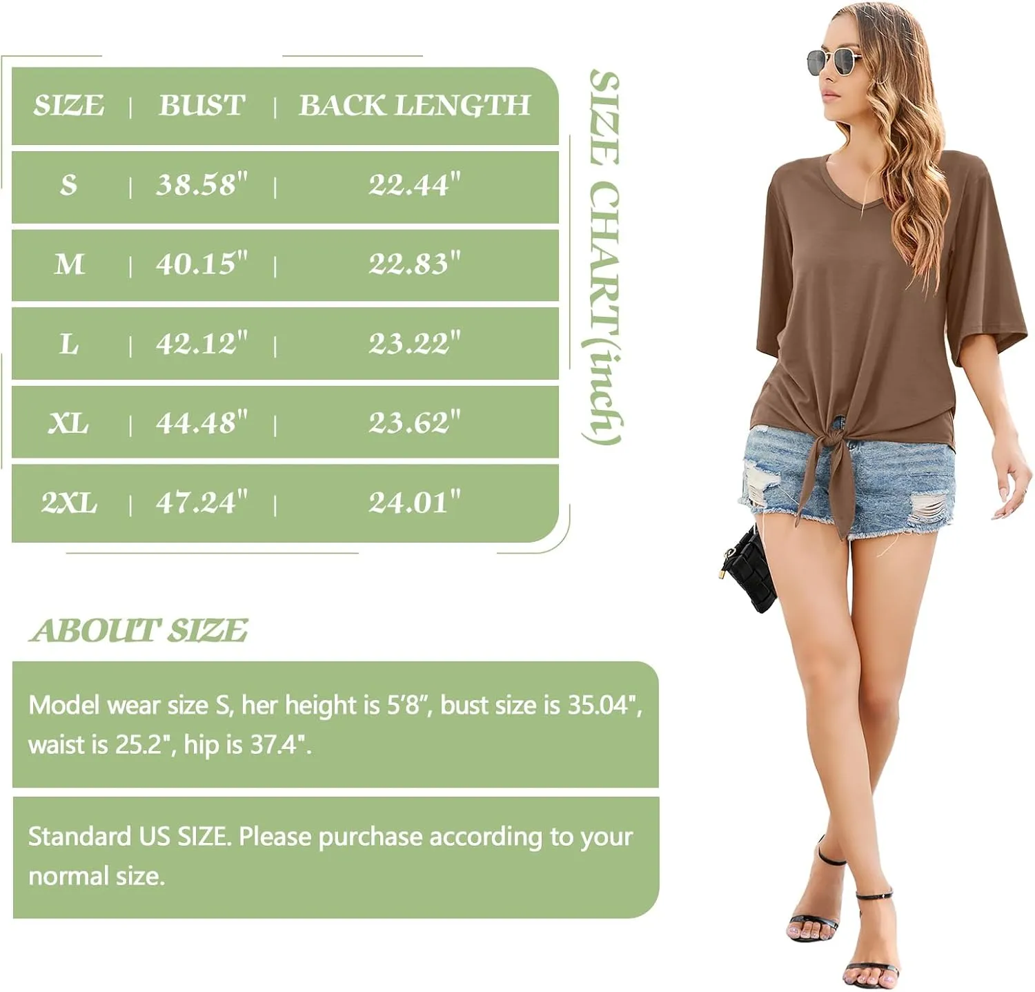 SUEANI Women's Tie Front Tops Summer V Neck 3/4 Bell Sleeve Twist Knot T Shirts