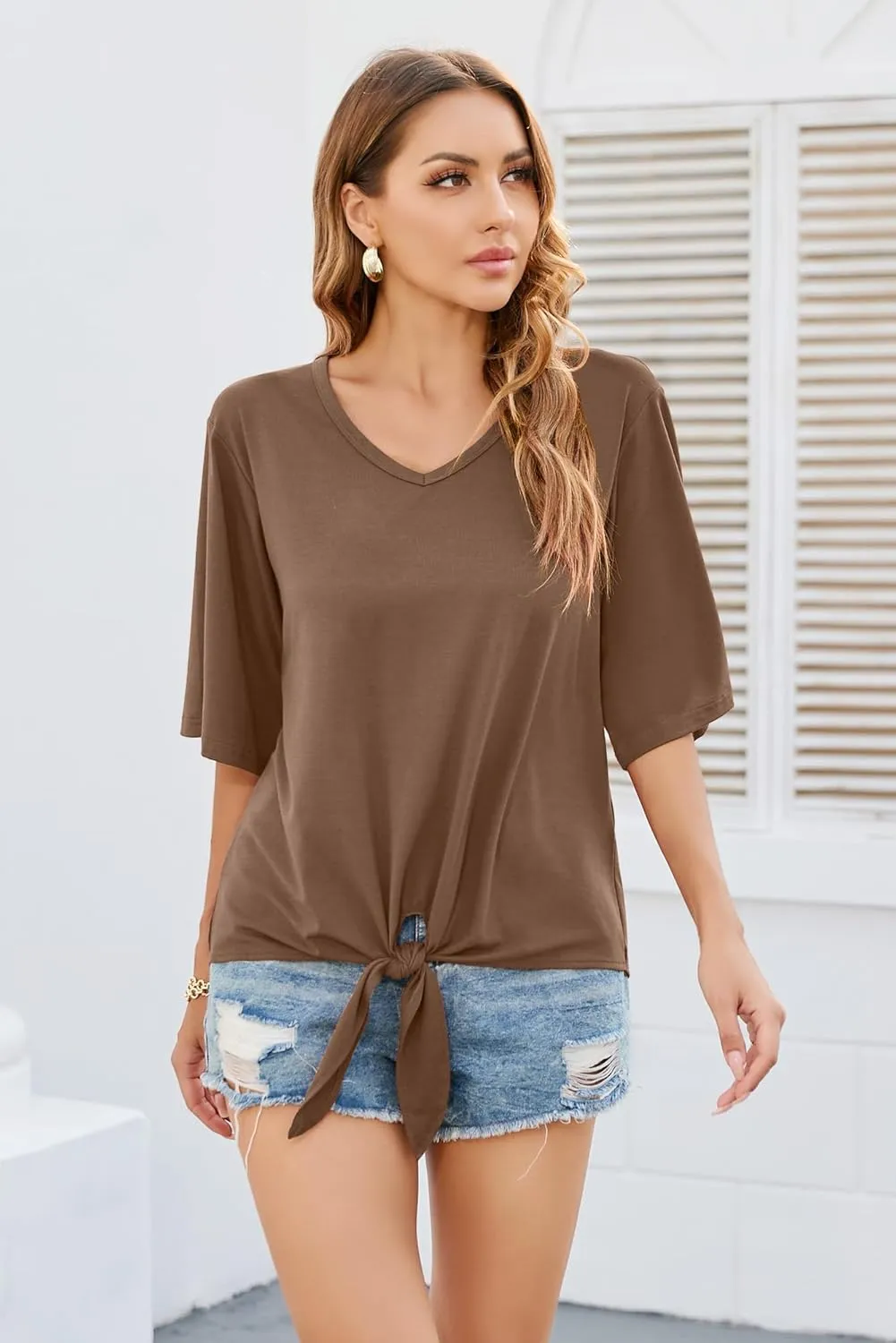 SUEANI Women's Tie Front Tops Summer V Neck 3/4 Bell Sleeve Twist Knot T Shirts
