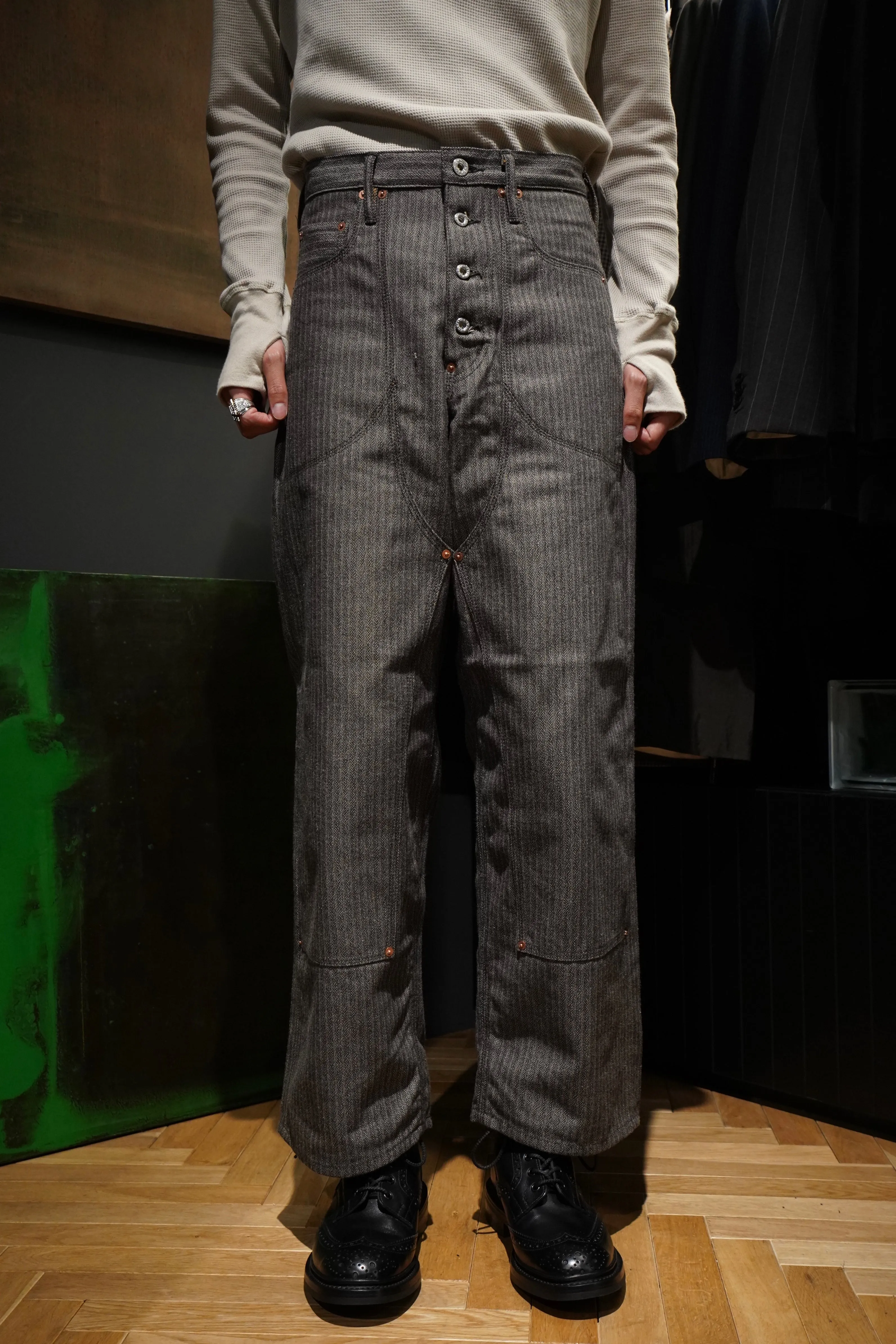SUGARHILL HERRINGBONE DOUBLE KNEE DENIM PANTS (GRAY HERRINGBONE)