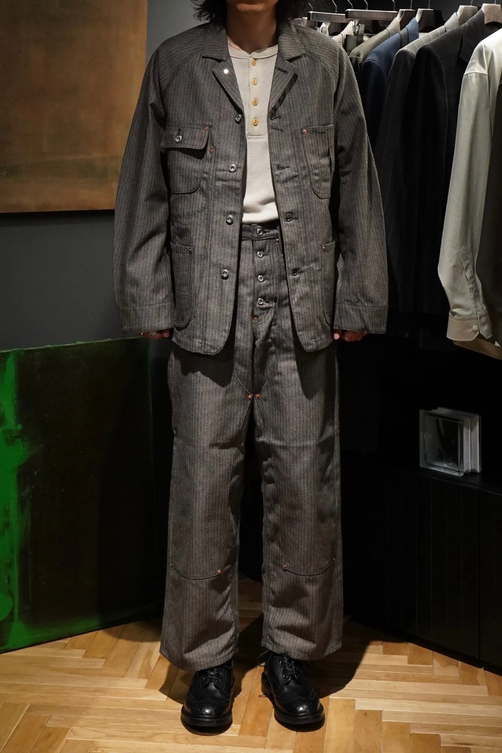 SUGARHILL HERRINGBONE DOUBLE KNEE DENIM PANTS (GRAY HERRINGBONE)